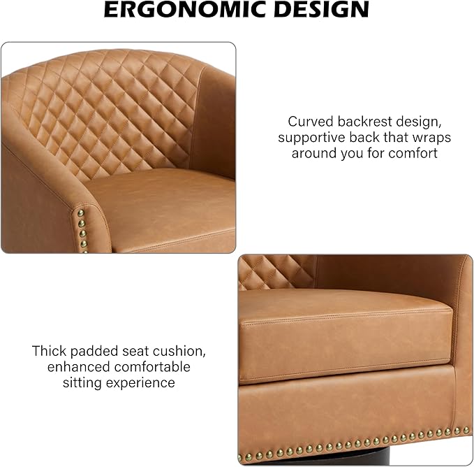 DREAMSIDEA Swivel Barrel Accent Chair, Comfy Modern Upholstered Round Faux Leather Arm Chair for Living Room, Bedroom（Coffee, Set of 1