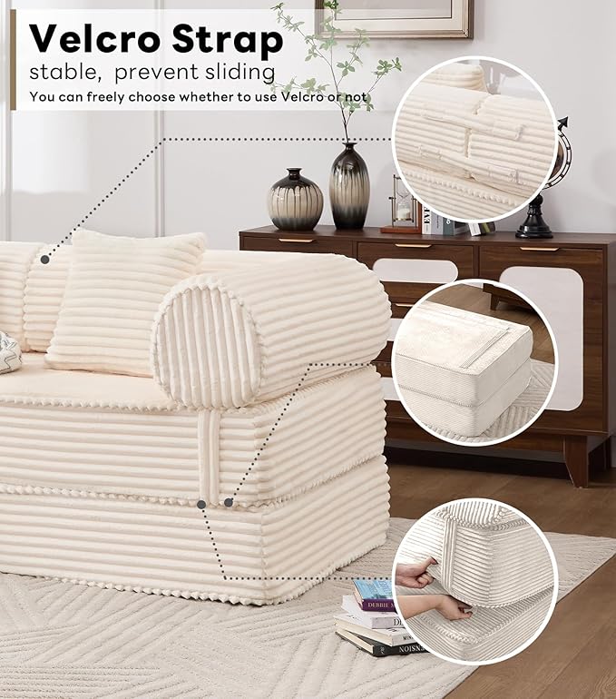 Tbfit 63'' Folding Boneless Couch, Convertible Loveseat Sofa Bed, Corduroy Futon Mattress Sleeper Sofa, Comfy Foldable Upholstered Floor Couches for Living Room, Beige