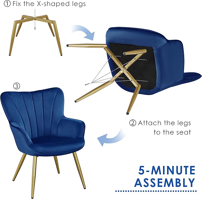 Yaheetech Velvet Accent Chair, Modern Armchair Vanity Chair with Wing Side and Metal Legs, Cozy and Soft Padded and High Back for Living Room/Home Office/Bedroom, Blue