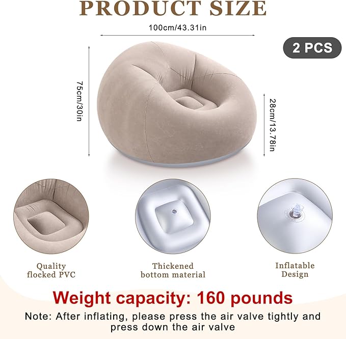 Realspring 2 Pcs Inflatable Bean Bag Chairs with Electric Air Pump Outdoor Blow up Chair Inflatable Lazy Sofa Folding Portable Loungers Couch for Living Room Bedroom(Brown)