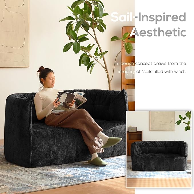 N&V Mid Century Brigantin Deep Relaxation Sofa, Soft Premium Chenille, for Living Room Bedroom and Office (Black, ThreeSeater)