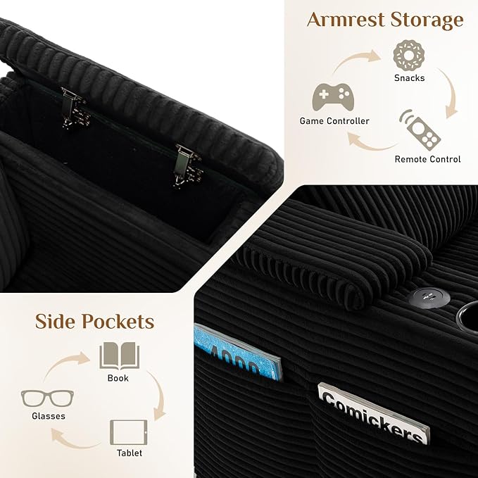 110" W x 60" D U Shape Sectional Sofa with USB Charging & Cup Holder & Storage, 5 Seater Plush Corduroy Couches with Movable Ottoman, Cloud Couch Sofas for Living Room, DIY Combination - Black