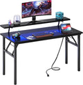 DlandHome Computer Desk 47’’ with LED Lights & Power Outlets,Folding Desk with Monitor Stand, Writing Desk Home Office Desk, Fully Assembled,Black
