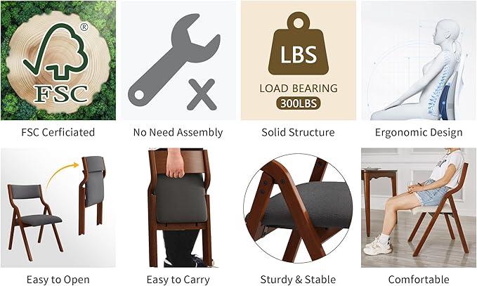 Ball & Cast Padded Folding Chairs 2 Pack,Solid Wood Frame Foldable Dining Chair,18" Seat Height,Space Saving,Easy to Carry Suitable for Kitchen, Bedroom, Light Grey