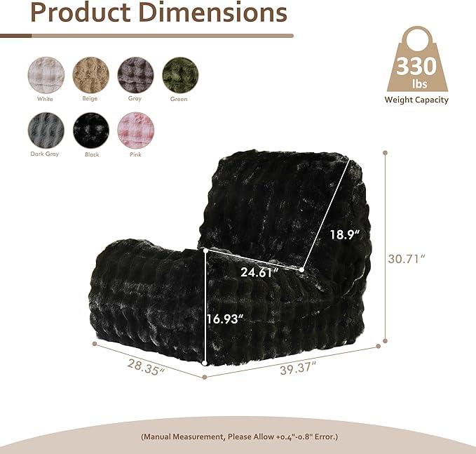 HOOOWOOO Giant Bean Bag Chair,Fireside Floor Beanbag Chair for Adult Kids,Comfy Single Sofa Couch for Bedroom,Living Room,Office (Black, Standard)