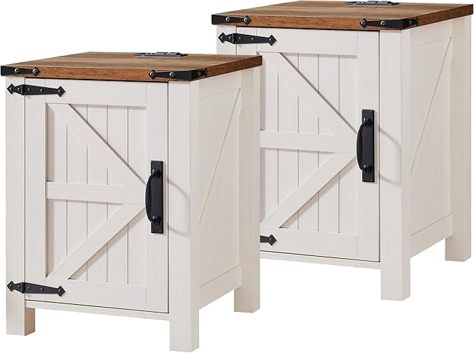 OKD Farmhouse Nightstand Set of 2 with Charging Station, 18 Inch Rustic End Table with Barn Door Cabinet, Adjustable Storage Shelf, Wood Sofa Side Table for Living Room, Bedroom, Antique White