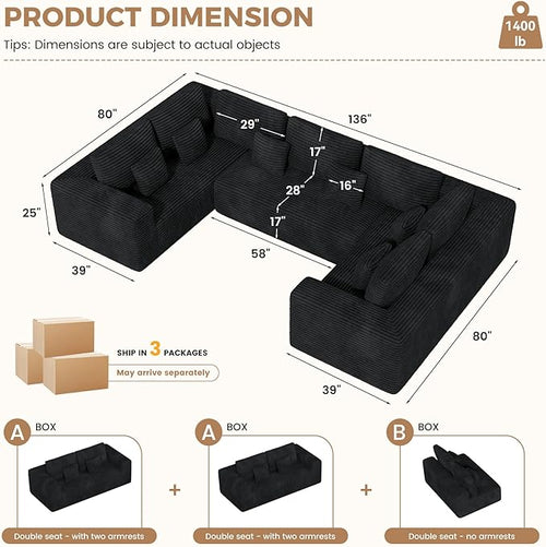 136'' Large Sectional Cloud Couches with Chaise, U Shaped Boneless Loveseat Sofa, No Assembly Required Deep Seat Modular Lounge for Living Room 3PCS Set, Bedroom(Black)