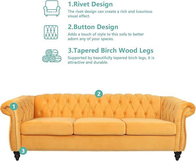 QHITTY Accent Large Sofa, Chesterfield Couch 3 Seater Modern Velvet Couch Upholstered Sofa with Tufted Back for Living Room Furniture (Mango)