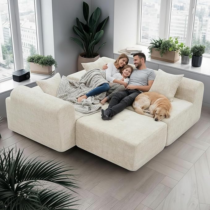 119’’ Modular Compression Sofa, L-Shaped Cloud Sectional Couch with Chaise & Deep Seating, Modern Upholstered Living Room Couch with Removable Pillows, Easy Expand Design, Beige Chenille Fabric