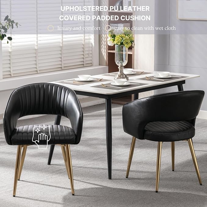 Faux Leather Dining Chairs Gold Legs, Modern Black PU Leather Dining Room Chairs with Arms Set of 4 Upholstered Accent Chair Armchair with Barrel Back for Kitchen Living Room