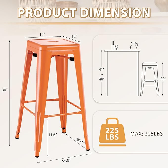 Furmax 30 Inch Metal Bar Stools Set of 4, Counter Height Backless Stools, Industrial Bar Chairs Patio Stool Stackable Backless Stool for Kitchen/Dining Room/Bistro/Patio Indoor Outdoor (Orange)