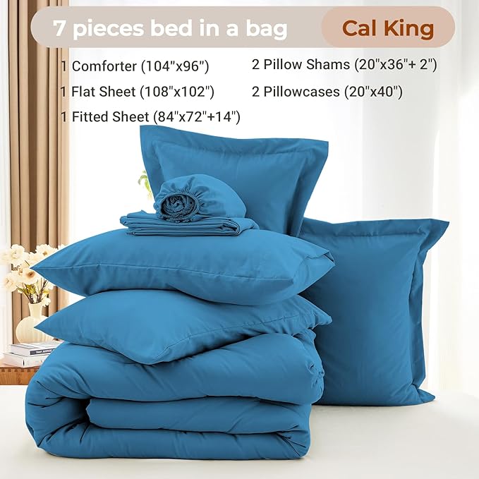 MUXHOMO 7 Pieces California King Comforter Set, Soft Bed in a Bag Cal King Size, All Season Bedding Set with Comforter, Flat Sheet, Fitted Sheet, Pillowcases & Shams, Bluish Green