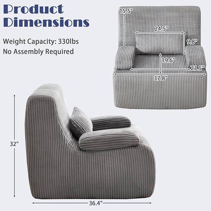 38" Bean Bag Single Chair for Living Room Bedroom, Corduroy Boneless Chair with Armrest and Pillow, Memory Foam Beanbag Couch, Lazy Floor Sofa for Reading Gaming Living Room Bedroom (2, Gray)