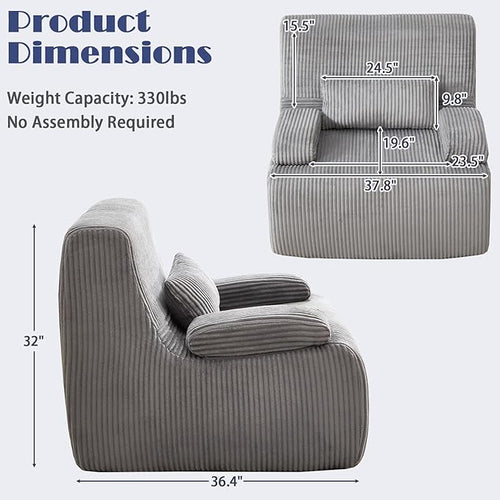 38" Bean Bag Single Chair for Living Room Bedroom, Corduroy Boneless Chair with Armrest and Pillow, Memory Foam Beanbag Couch, Lazy Floor Sofa for Reading Gaming Living Room Bedroom (2, Gray)