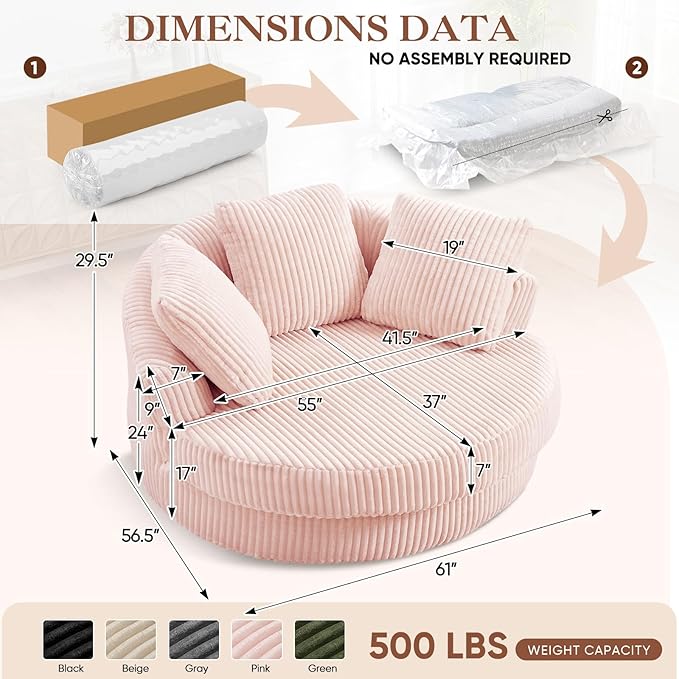61"W Oversized Round Chaise Lounge Chair Indoor, Upholstered Corduroy Large Circle Boneless Chair with Deep Seat, No Assembly Required, Modern Comfy Cloud Sofa Chairs for Living Room, Bedroom(PInk)