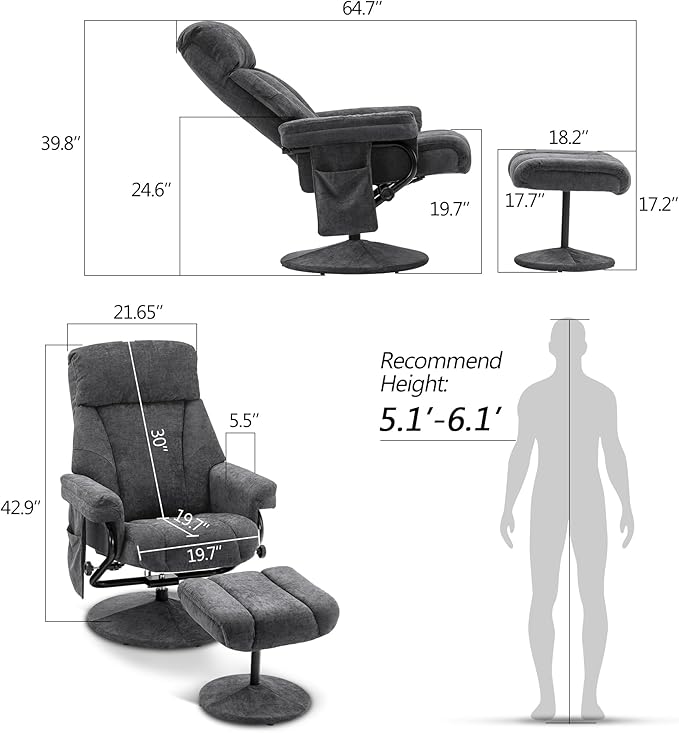 MCombo Swivel Recliner with Ottoman, TV Chair with Vibration Massage, Ideal for RV Small Space, Living Room & Bedroom 4539 4828 (Textile, Dark Grey)