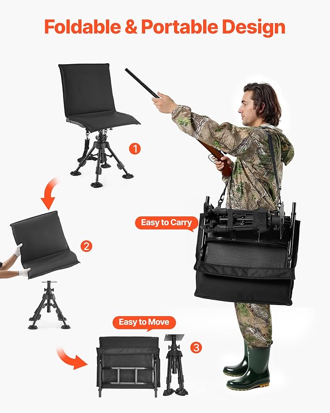 VEVOR Hunting Chair, 360° Silent Swivel, Foldable Portable Blind Chair, Heavy-Duty Steel Frame Ground Stool Seat,with Seat Cover, Anti-Sink Feet, Height Adjustable, 350 Lbs Capacity, for Fishing