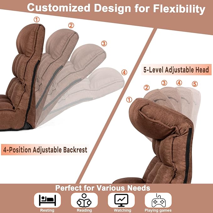 MAT EXPERT Folding Floor Chair, Floor Gaming Chair w/ 4-Position Backrest, 5-Position Adjustable Headrest, Side Pocket, Indoor Floor Chair w/Back Support for Bedroom, Living Room (Coffee)