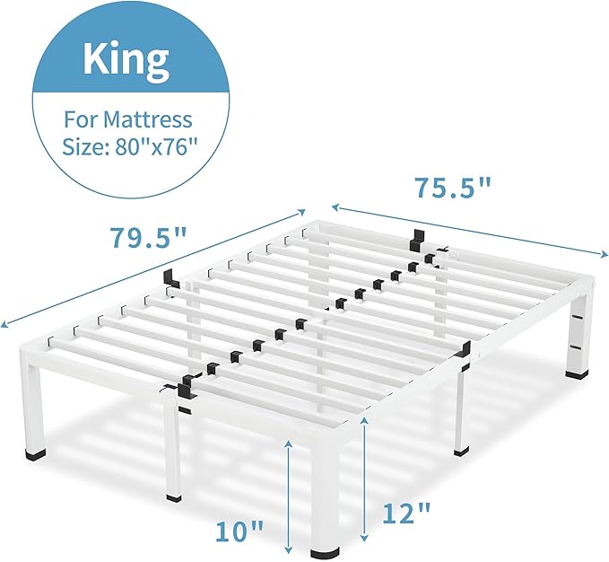 VIPSHOW 12 Inch White King Size Bed Frame, 3500Lbs Heavy Duty Metal Platform with Round Corner Legs Mattress Slide Stopper, Steel Slat Support No Box Spring Needed, Noise Free, Non-Slip, Easy Assembly