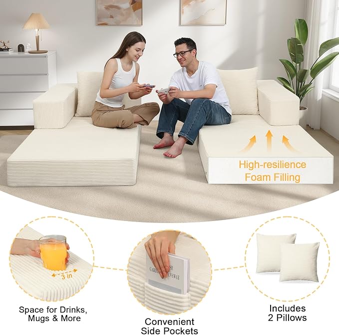 COMAX Futon Sofa Bed Queen, 79" Convertible Sofa Bed Couches for Living Room, 4 in 1 Folding Boneless Sleeper Corduroy Couch Loveseat Foam In a Box, Foldable Comfy Lounge Fold Out Floor Mattress Beige