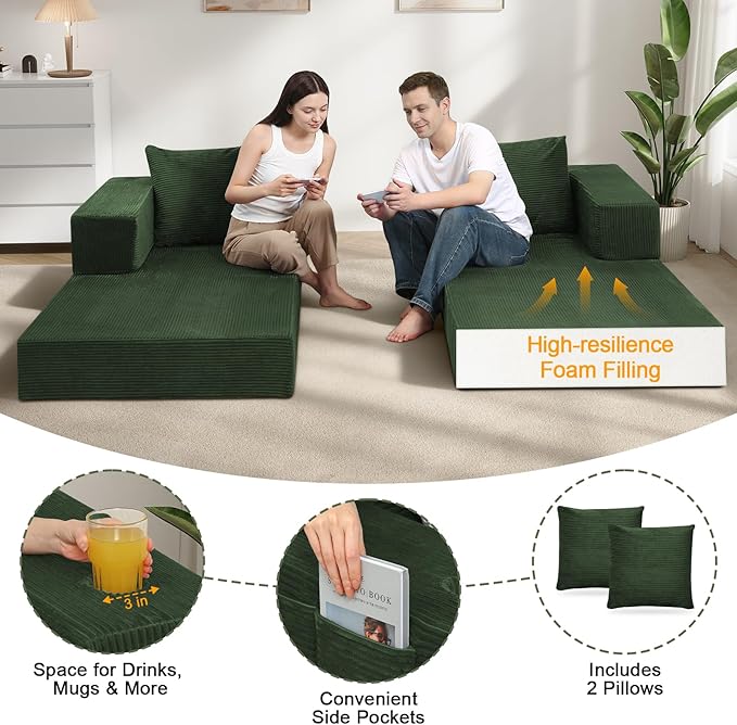 COMAX Futon Sofa Bed Queen, 79" Convertible Sofa Bed Couches for Living Room, 4 in 1 Folding Boneless Sleeper Corduroy Couch Loveseat Foam In a Box, Foldable Comfy Lounge Fold Out Floor Mattress Green