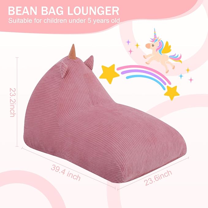 COMAX Bean Bag Chairs for Kids, Unicorn Kid Beanbag Chair with Filler, Toddler Lounge Bean Chair Corduroy, Lazy Floor Lounger for Girls and Boys Stuffed, Pink