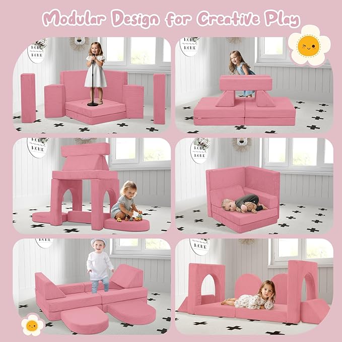 MeMoreCool 10-Piece Kids Modular Play Couch — Corduroy Convertible Foam Sofa Set for Building Forts, Lounging & Creative Play, Washable Covers, Child Room & Playroom Furniture, Pink