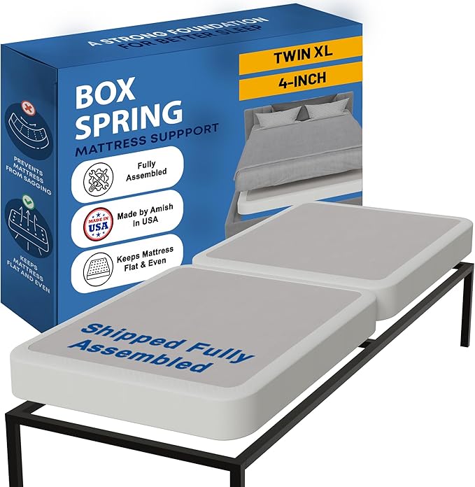 Greaton, Box Spring Bed Base Twin XL Size, 4-Inch Wood Mattress Foundation – Amish Made in USA – Quiet Noise Free, 2-Pieces Under Mattress-Support BoxSpring, Fully Assembled, White