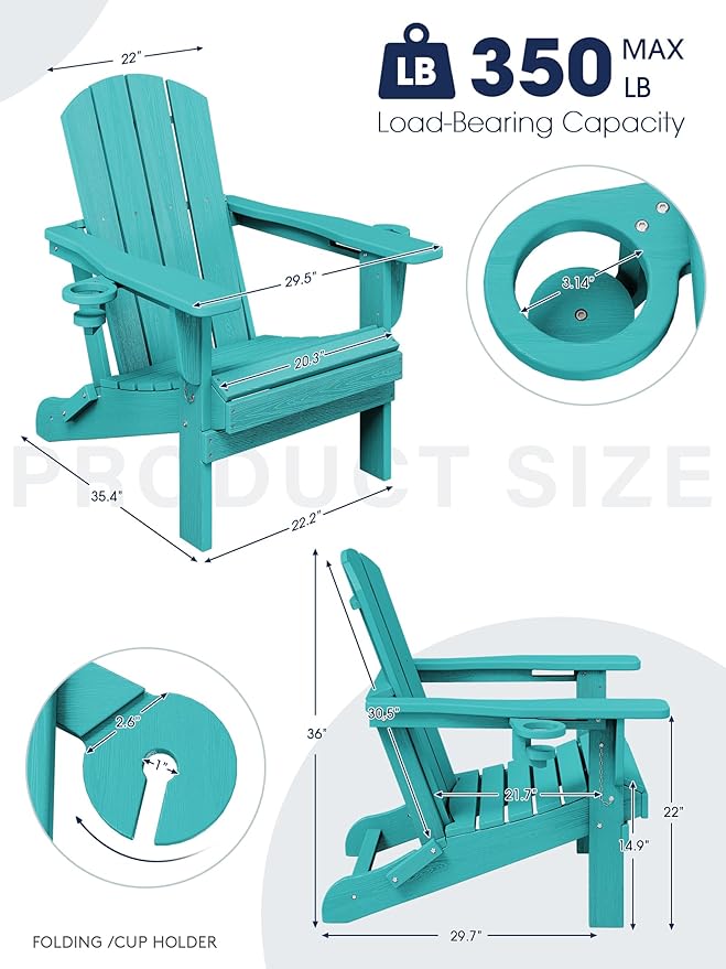 KINGYES Folding Adirondack Chair Set of 2, Dual Cup Holders & All-Weather HDPE, Wood-Like Patio Chair for Backyard, Camping, Pool & Fire Pit, Aruba