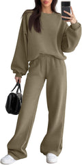 Sweetyweee Women's 2 Piece Outfits Set Fleece Lined Lounge Sweatsuit Crewneck Pullover Top Wide Leg Pants Casual Tracksuit(Khaki,X-Large)