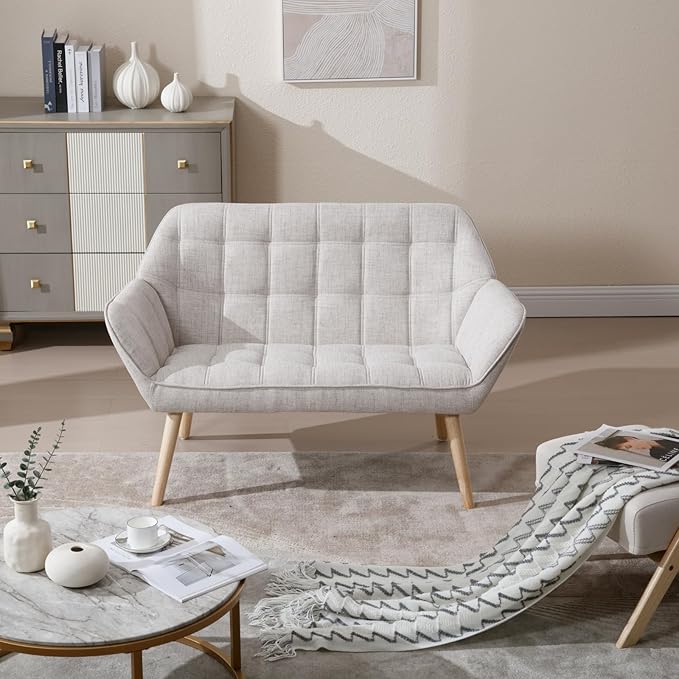 48" Small Loveseat Sofa, Mid Century Modern Linen Love Seat with Wood Legs 2-Seat Sofa Couch Tufted Wingback Upholstered Sofa Chair for Living Room Bedroom Apartment, Beige