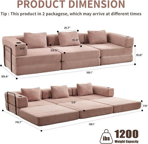 118" Oversized Convertible Floor Sofa Bed, Boneless Foldable Mattress Cloud Couch with Pillow Back & Armrest, Fold Out Floor Couch with Cup Holder for Living Room Bedroom Lounge, Corduroy, Pink