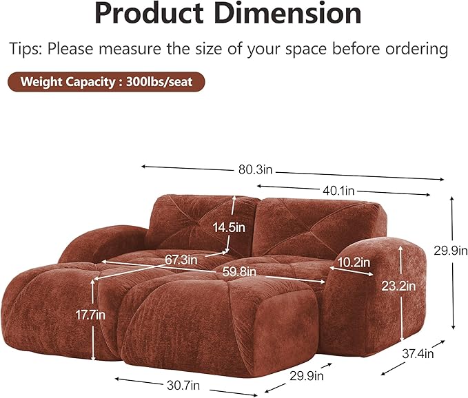 Modular Sectional Sofa with Free Combination,Boneless Floor Couch for Small Spaces, Living Room & Lounge,Velvet 2-Seater Sectional Couch with 2 Ottomans,No Assembly Needed