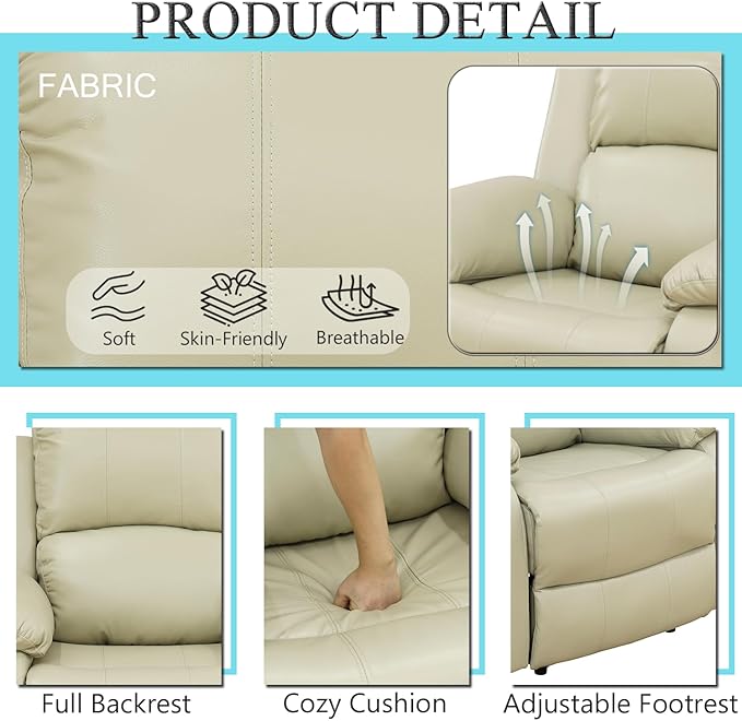 Caberryne Leather Recliner Sofa Set，Leather Reclining Couch for Living Room Furniture Sets，Beige Recliner Couch with 5 Recliners for Living Room/Office/Theater Seating(Sofa Set 3 Pieces)