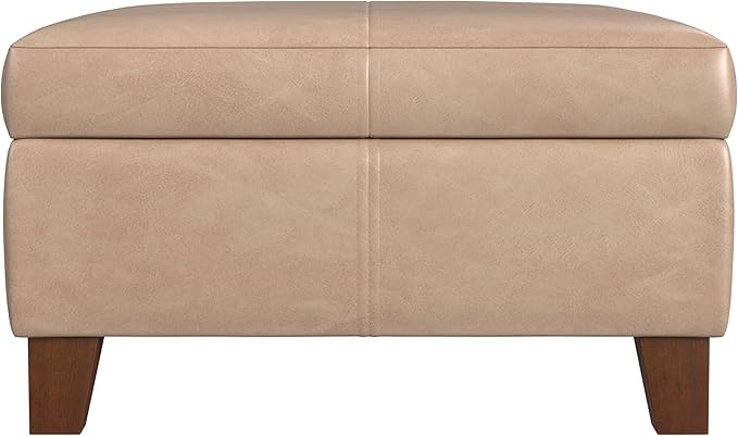 HomePop Faux Leather Square Storage Ottoman with Wood Legs, Sand
