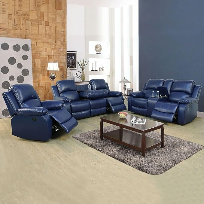 AYCP Bonded Leather 3-Piece Sofa Set, Blue, Manual Recline, Loveseat, Storage, Coffee Table, Artificial Leather, Living Room