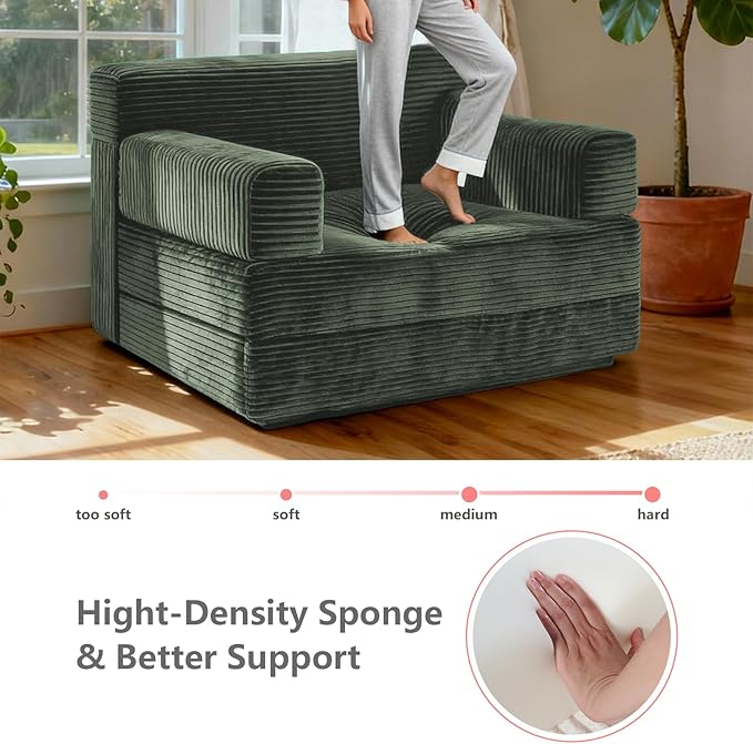Folding Sofa Bed,Convertible Sofa Bed with Armrest Foldable Sleeper Chair, Portable Folding 4-in-1 Floor Sofa with Convertible Lounge Chair for Living Room,Bedroom,Washable Cover,Green Single