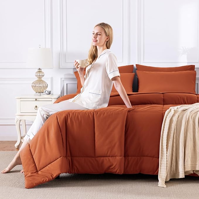 CozyLux Queen Comforter Set Terracotta, 7 Pieces Bed in a Bag, Burnt Orange Fall Comforter Queen Size, All Season Bedding Sets with Stitch Quilted Comforter, Flat Sheet, Fitted Sheet, Pillowcases