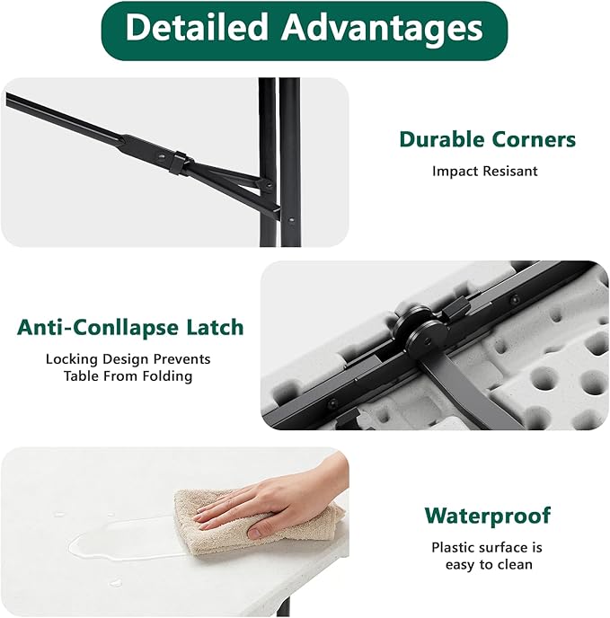 FurniEdge 6ft Folding Table with Handle, Heavy Duty Plastic Table, 300 lbs Portable Table, Reinforced Steel Legs, High Density Plastic, Ideal for Parties, Picnics, Weddings, Camping