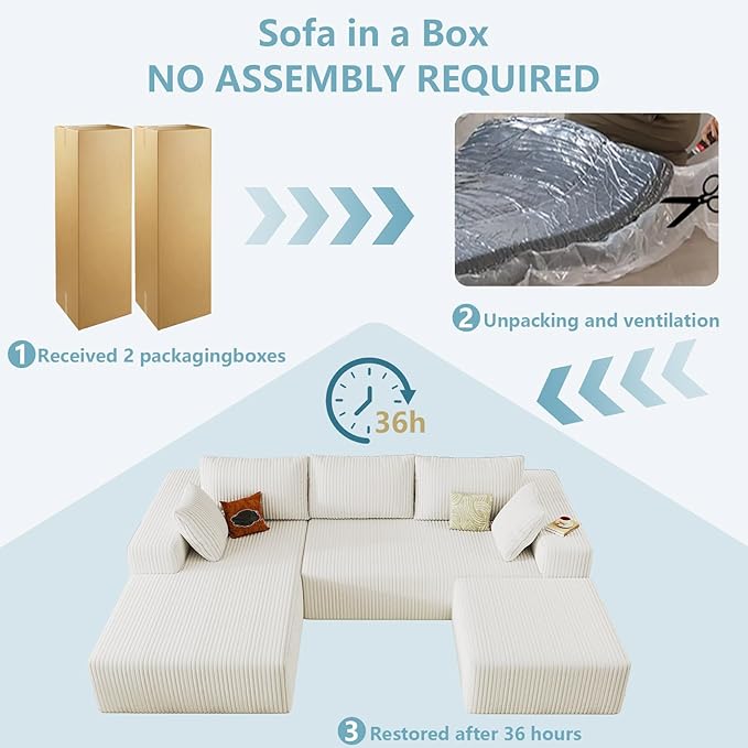 96" W Cloud Sectional Couch with Ottoman,Modern U-Shaped Cloud Couch with Deep Seat,Comfy Corduroy 3-Seater Sofa,Memory Foam Sofa for Living Room,No Assembly (White,Left-Facing Chaise)