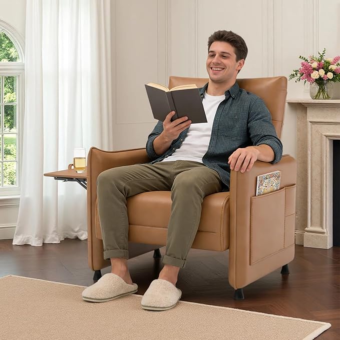 Upholstered Accent Sofas Set of 2, Modern Faux Leather Sofa Chairs with Hidden Foldable Tray & Side Pocket, Front Contour Arm Design, Small Accent Sofas for Small Spaces, Brown