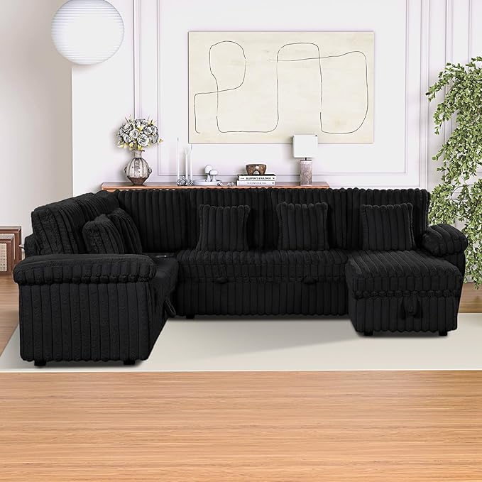 Modular Sectional Sleeper Sofa with Pull Out Bed, Storage Chaise & USB Charging, U Shaped Plush Corduroy Sectional Couches for Living Room, Comfy Convertible 7 Seat Cloud Sofa Bed, Dark Black