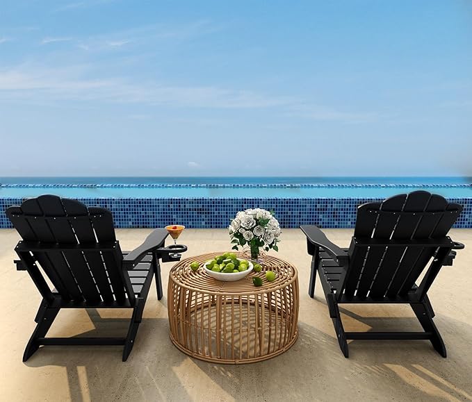 FOOWIN Adirondack Chair, Folding Adirondack Chair with Cup Holder, HDPE All-Weather Fire Pit Chair for Patio, Garden, Backyard, Poolside, Black