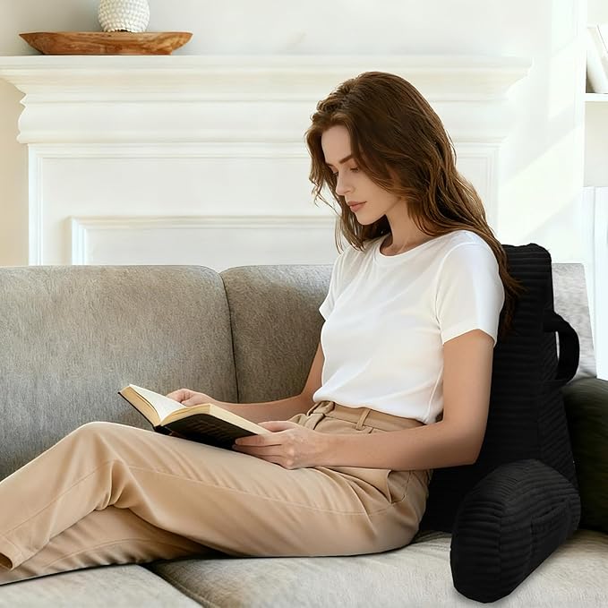 ABROLOY Reading Pillow for Sitting in Bed Adult, Bed Reading Pillow with Shredded Memory Foam, Back Pillow for Sitting with Arms and Pockets, Black