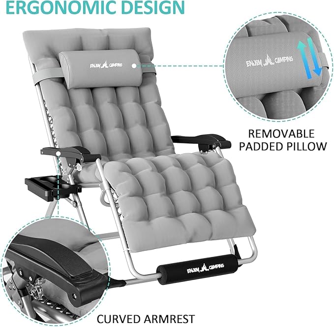 Amopatio Outdoor Padded Zero Gravity Chair 25" Seat Width, XXL Camping Lounge Chairs with Cushion, Oversized Folding Reclining Patio Chair for Outside Deck, Yard, Porch, Pool, Light Grey
