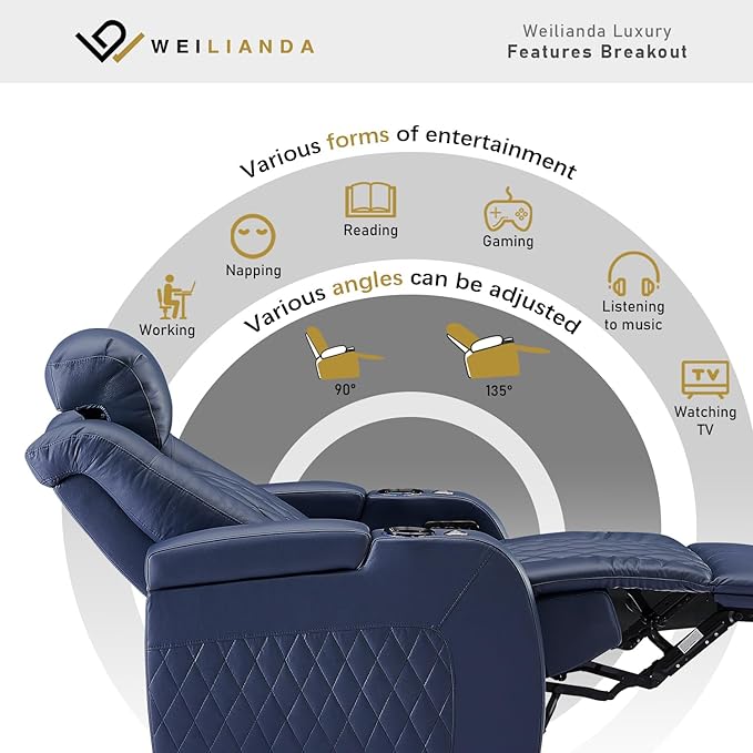 Weilianda Home Theater Seating Top Grain Leather Zero Gravity Recliner Chair Power Headrest Recline Movie Seat Gaming 7 Colors Mood Light Sofa with Tray Table USB Charge Row of 2 Loveseat Blue