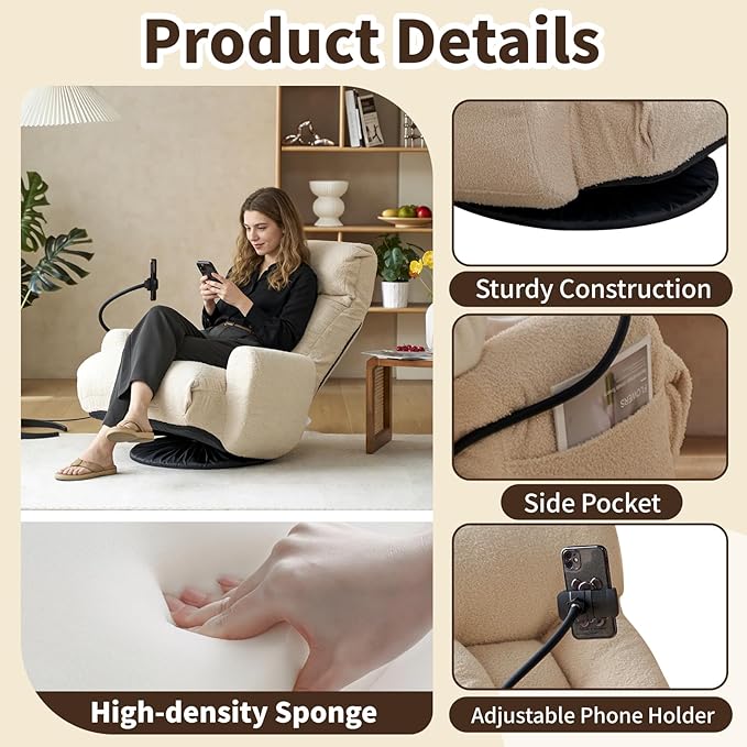 Swivel Lazy Floor Chair, Adjustable Reclining Floor Lounger with Head & Back Support and Phone Holder, Comfy Tatami Sofa Seat for Adults Bedroom & Gaming