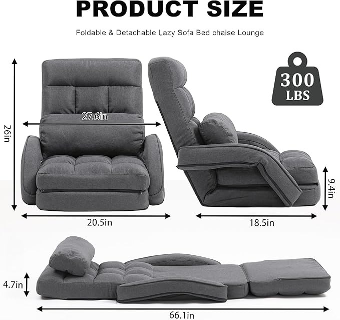 DeeLyan Indoor Floor Chair with Armrest and Pillow Folding Chaise Lounge Sofa 14-Position Adjustable Comfy Gaming Recliner Chair Padded Seats for Adults (Grey)