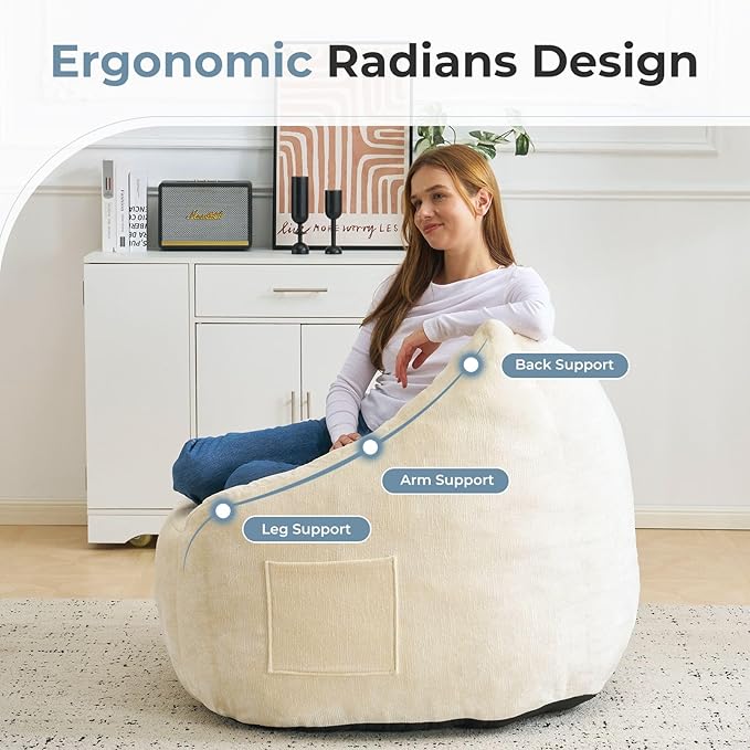 Giant Bean Bag Chair with Ottoman for Adults, Oversized Bean Bag with Filling Plush Fluffy,BeanBag Floor Sofa Chair with with Back Support for Living Room, Bedroom, Reading,Beige