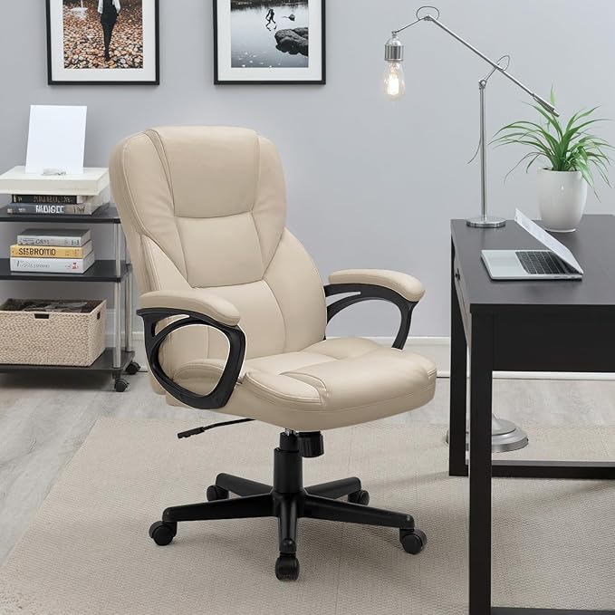 Furmax Office Executive Chair High Back Adjustable Managerial Home Desk Chair, Swivel Computer PU Leather Chair with Lumbar Support (Beige)